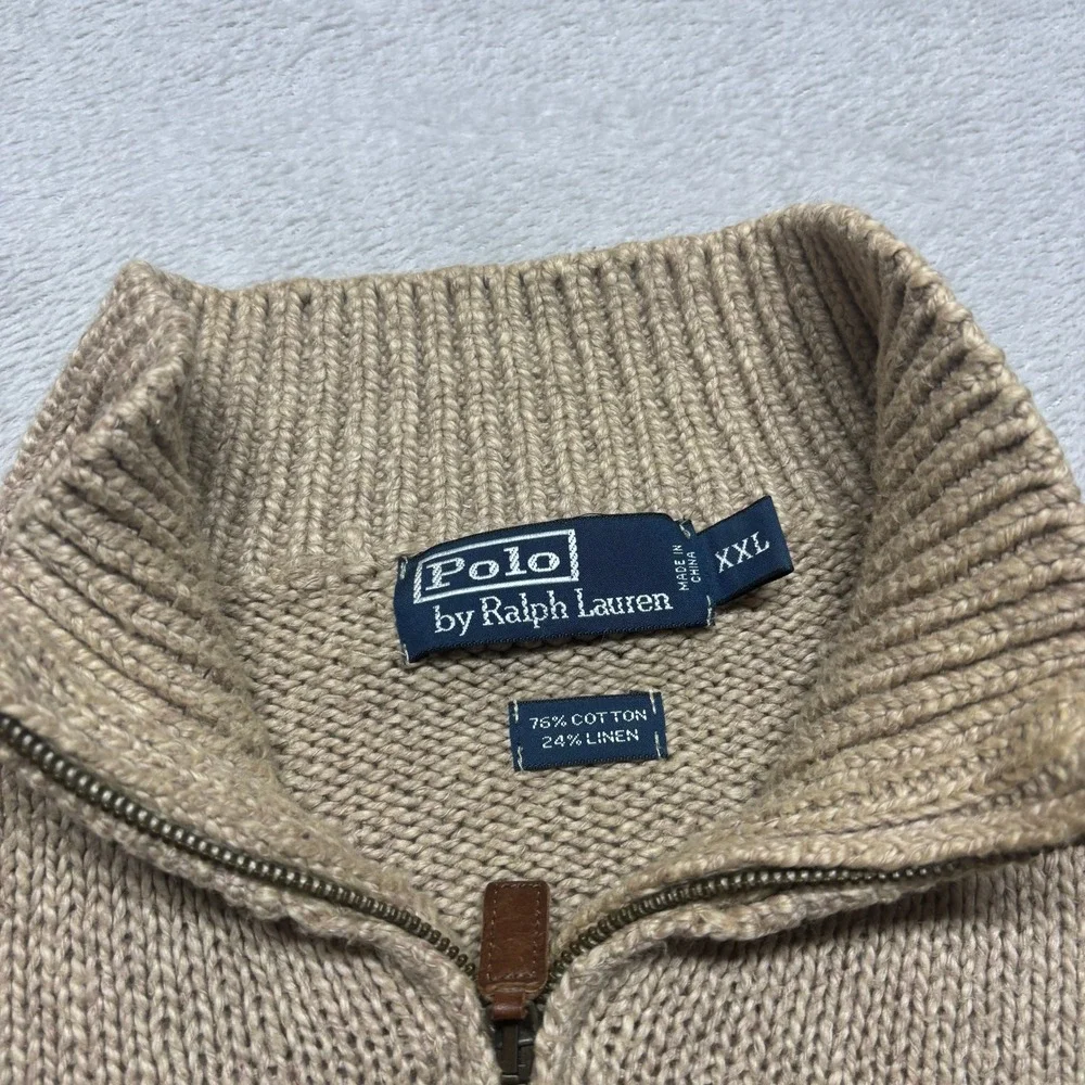 Polo Ralph Lauren Sweater Mens XXL 1/4 Quarter Zip Tan Cotton Linen